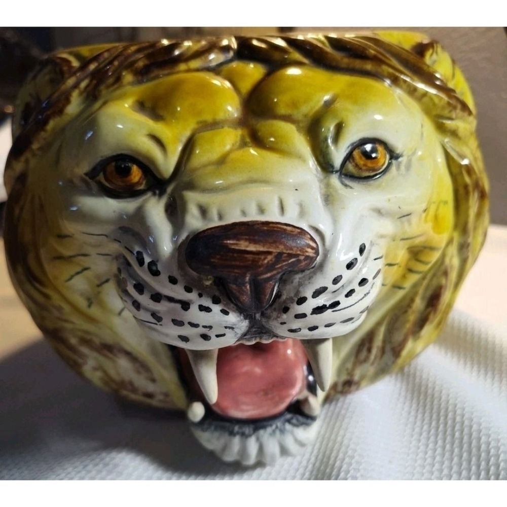 Vintage MCM Lion Head ITALY Planter Retro Hand Painted Pottery RARE 70s 80s